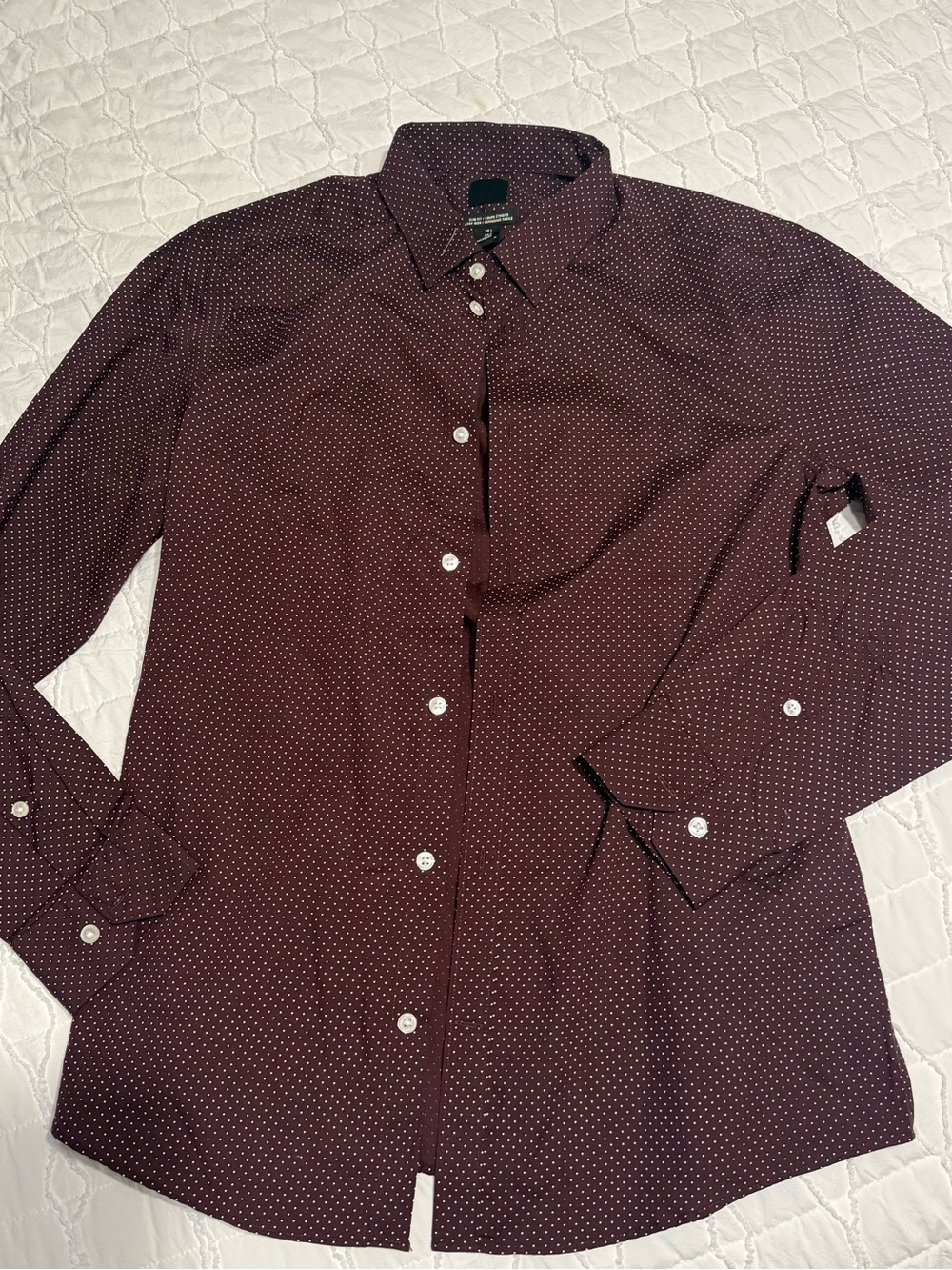 H&M Men's Maroon Button-Up Shirt with White Microdots